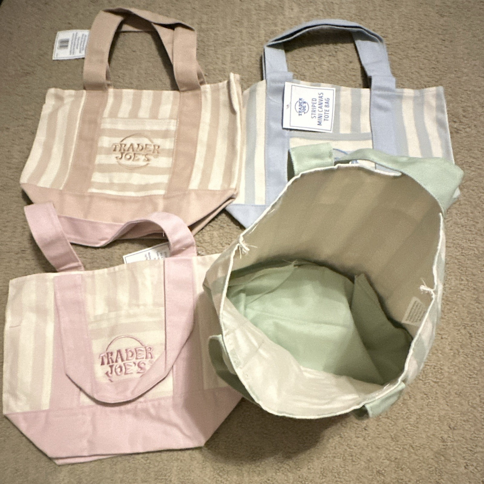 Trader Joe’s Reusable Striped Canvas Tote Bags 4-Pack 12x11x6 in