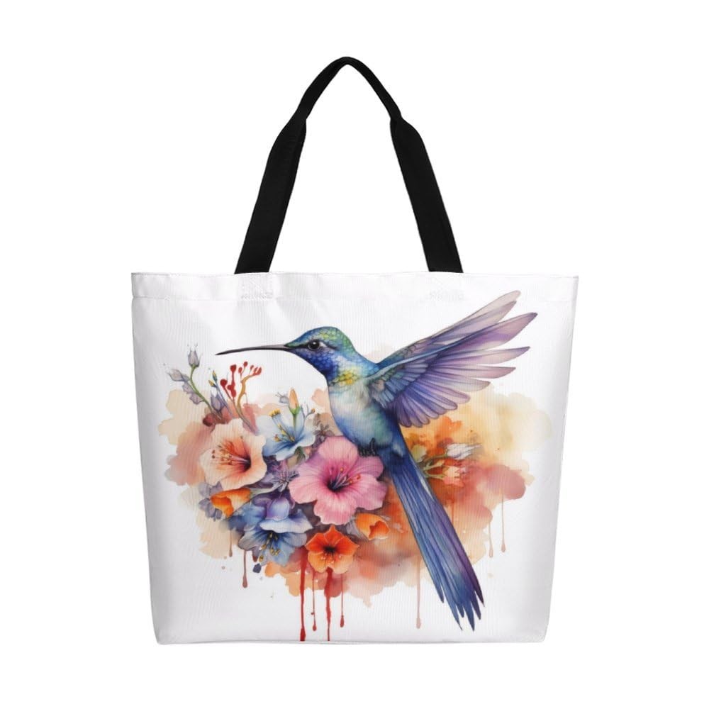 Hummingbird Flowers Canvas Tote Bag Large Women Casual Shoulder Bag Handbag R…