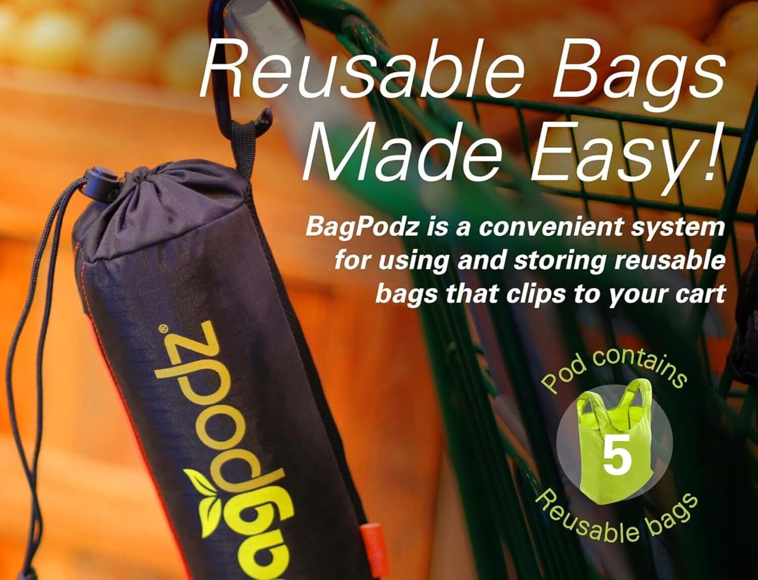 5-Pack Compact Washable Grocery Bags in Green – Clip-on RipStop Nylon Design