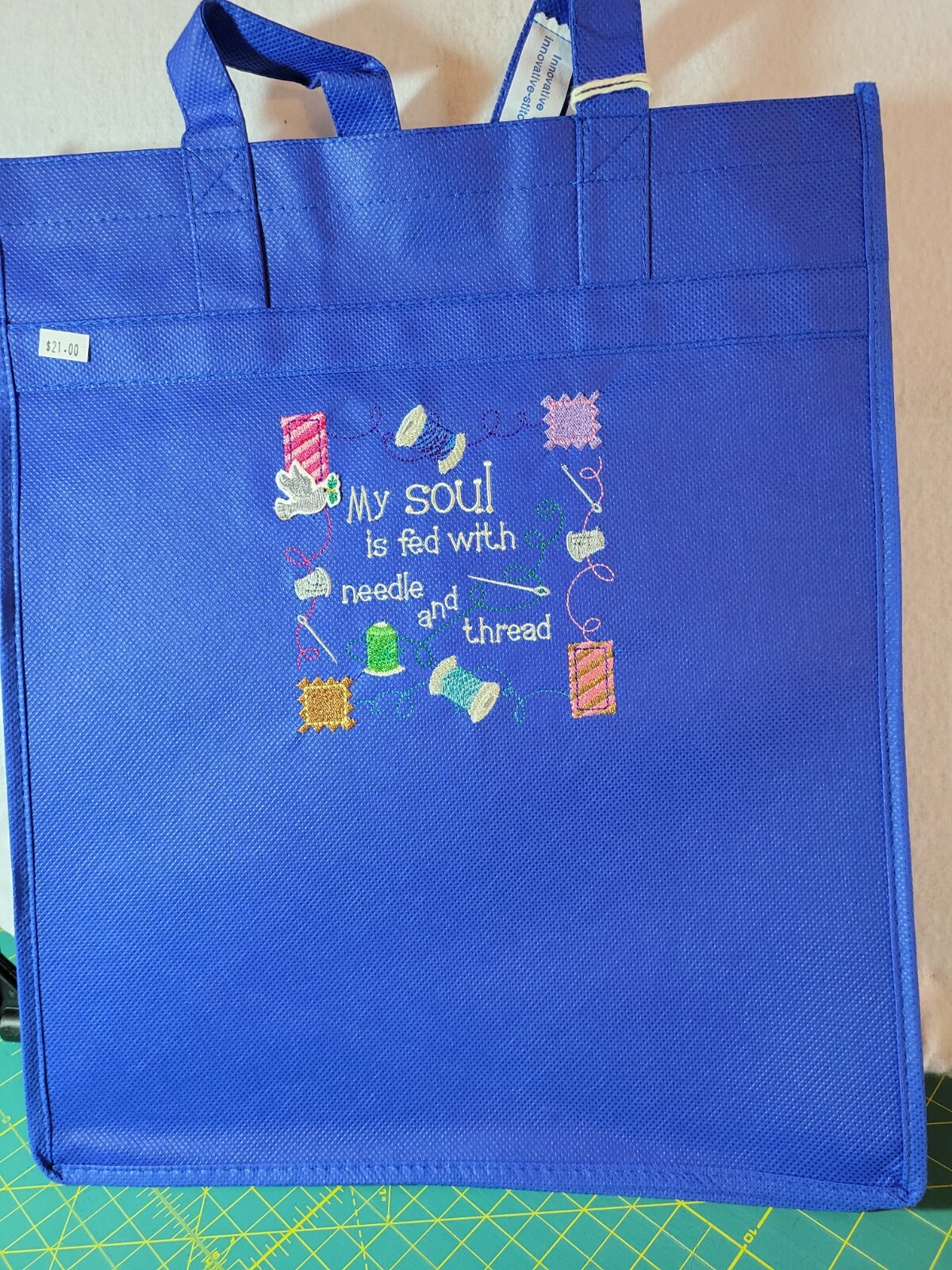 Shopping Bag – Blue- Embroidered Sewing Saying