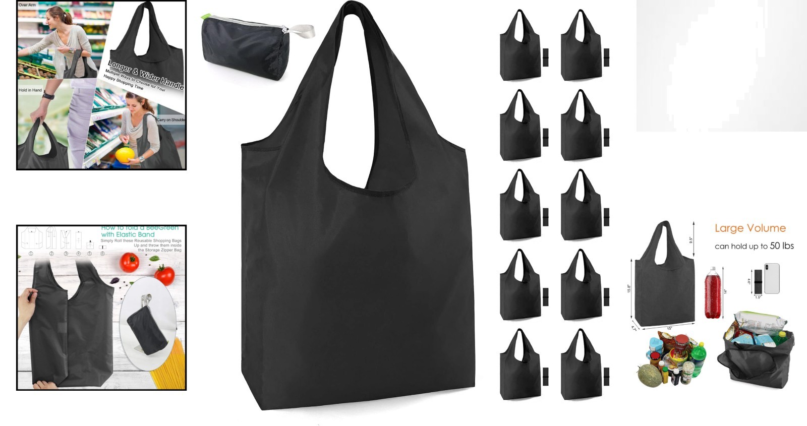 Bulk Set: 10 Black Reusable Grocery Bags, 50LBS Capacity, Machine Washable
