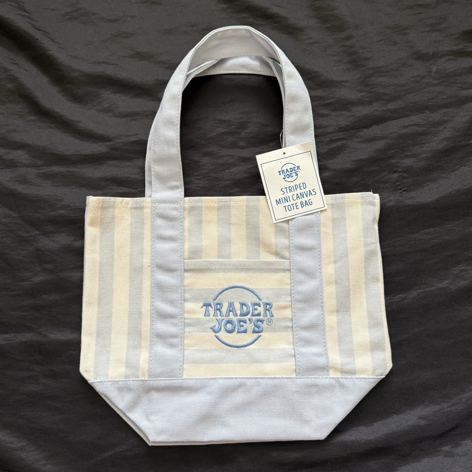 New Trader Joe’s Striped Mini Canvas Tote Bag Blue/White Cotton Reusable 13x11x6