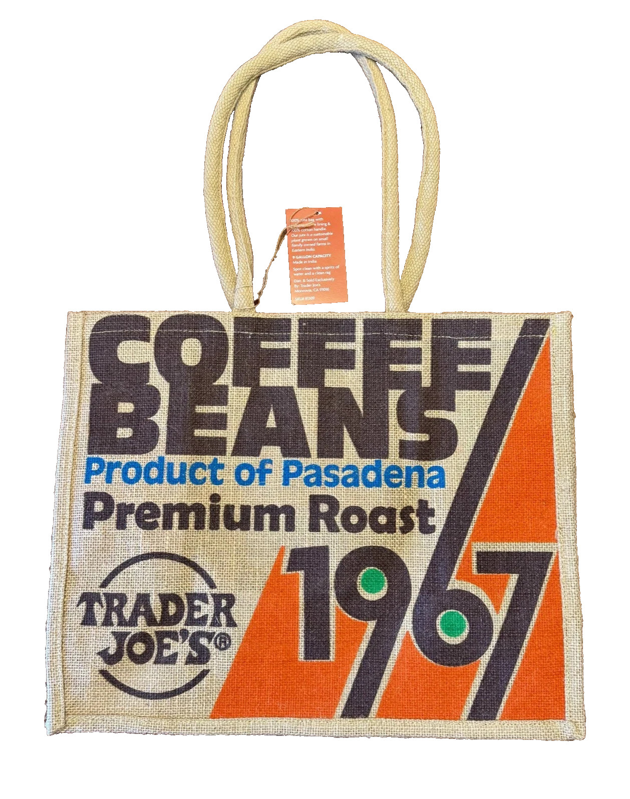 NEW Trader Joe’s COFFEE BEANS JUTE BURLAP REUSABLE TOTE CARRY BAGS 1967 PASADENA