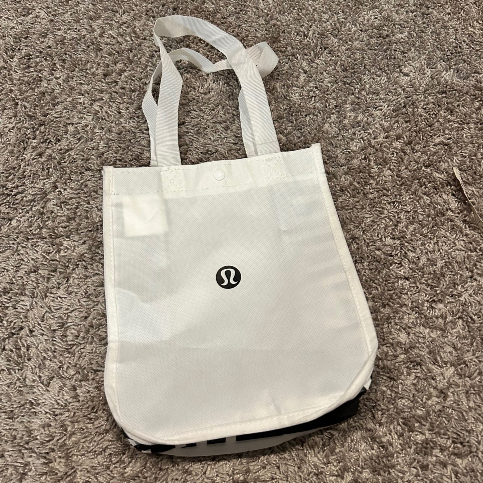 Lululemon Reusable Shopping Tote Bag White Black Logo Snap Closure