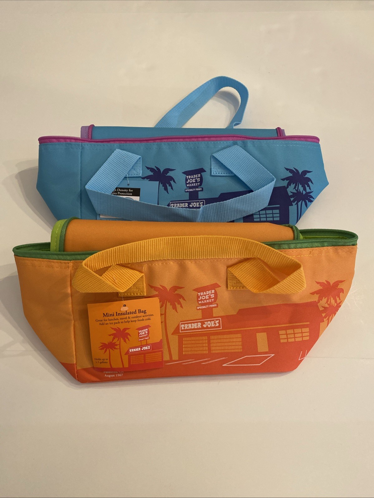 2 Trader Joe’s Mini Insulated Tote Bag 1.5 Gal Cooler NWT Teal/Purple& Orange