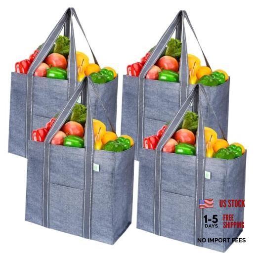 4 Pack Reusable Grocery Bags, Heavy-Duty Shopping Bags with Handles, Bags Gray