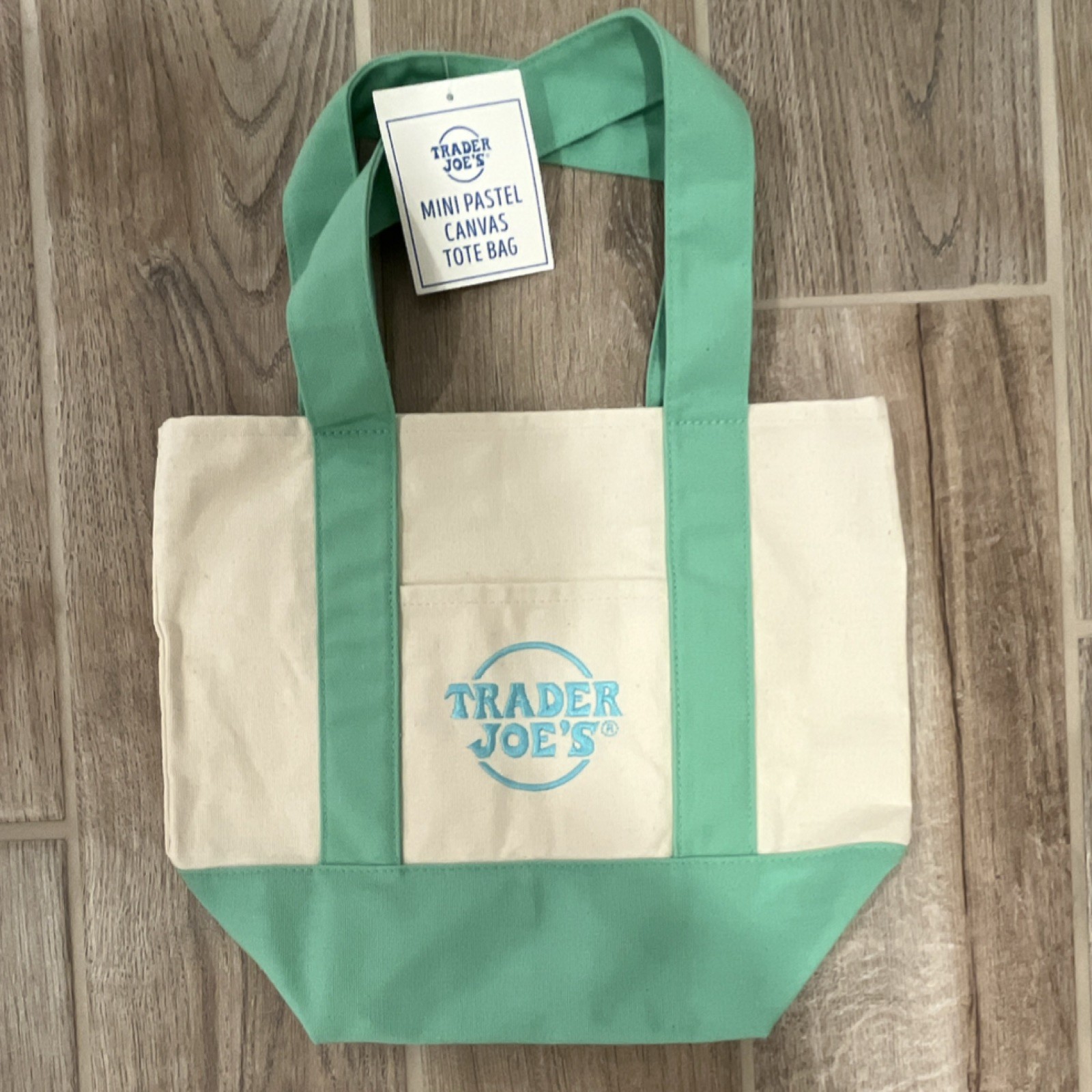 Trader Joe’s Mini Pastel Canvas Tote Bag Green Beige Foldable Small 18x14x12 in