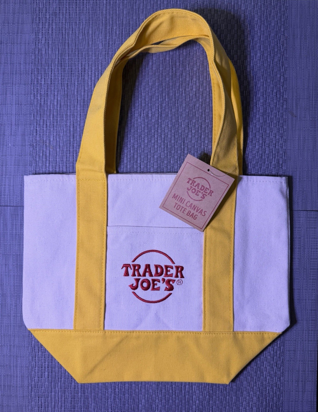 Trader Joe’s Mini Canvas Tote Bag Foldable Color Block White Yellow Small