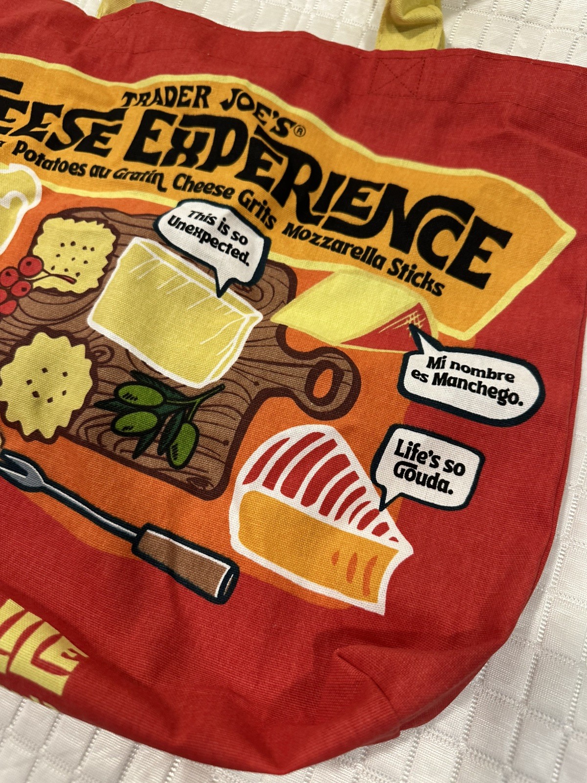 NEW TRADER JOES Canvas Reusable Shopping Tote Bag “Cheese” Red Yellow Market