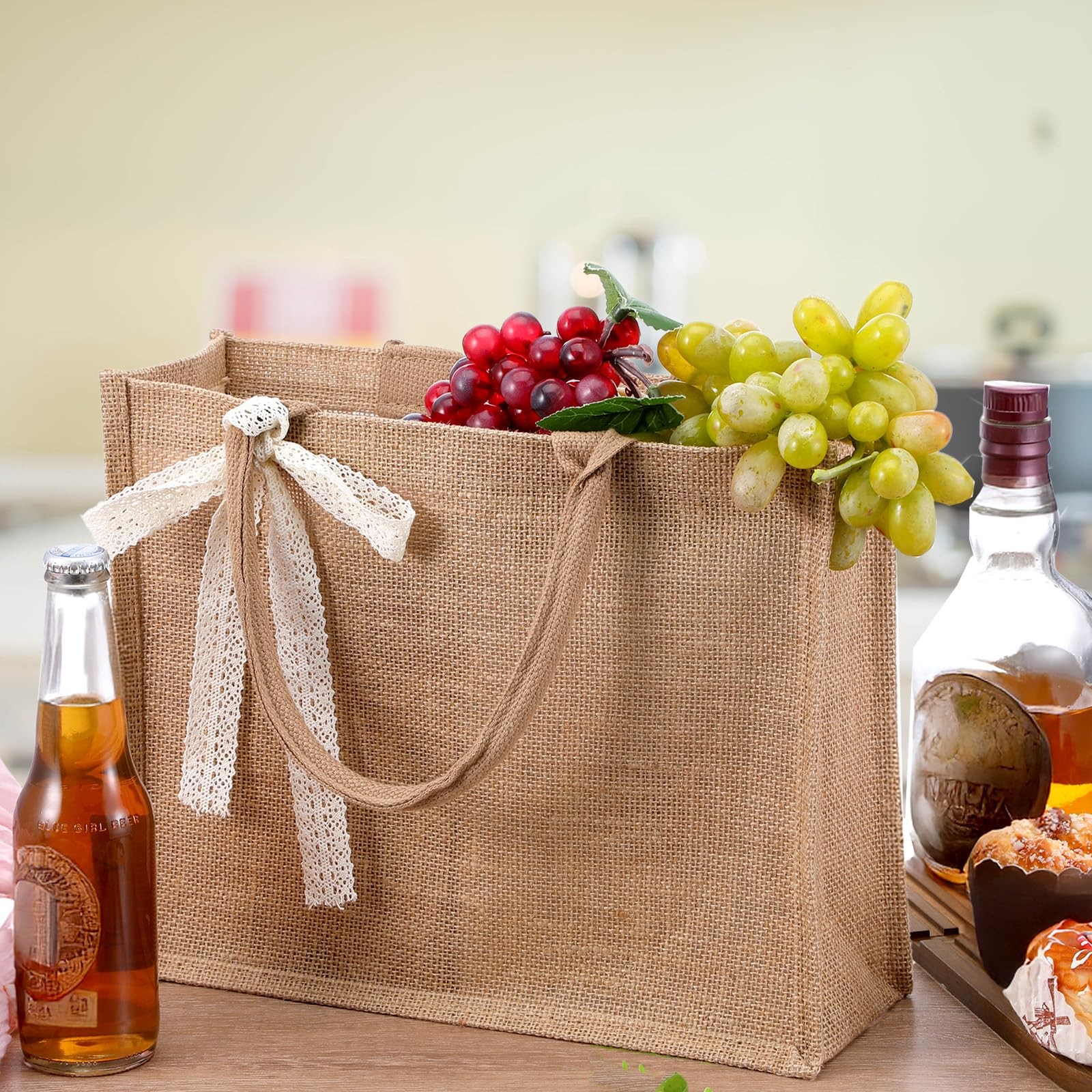 8 PCS Large Burlap Tote Bags 13.7x5x11 Inch Reusable Waterproof Jute Shopper