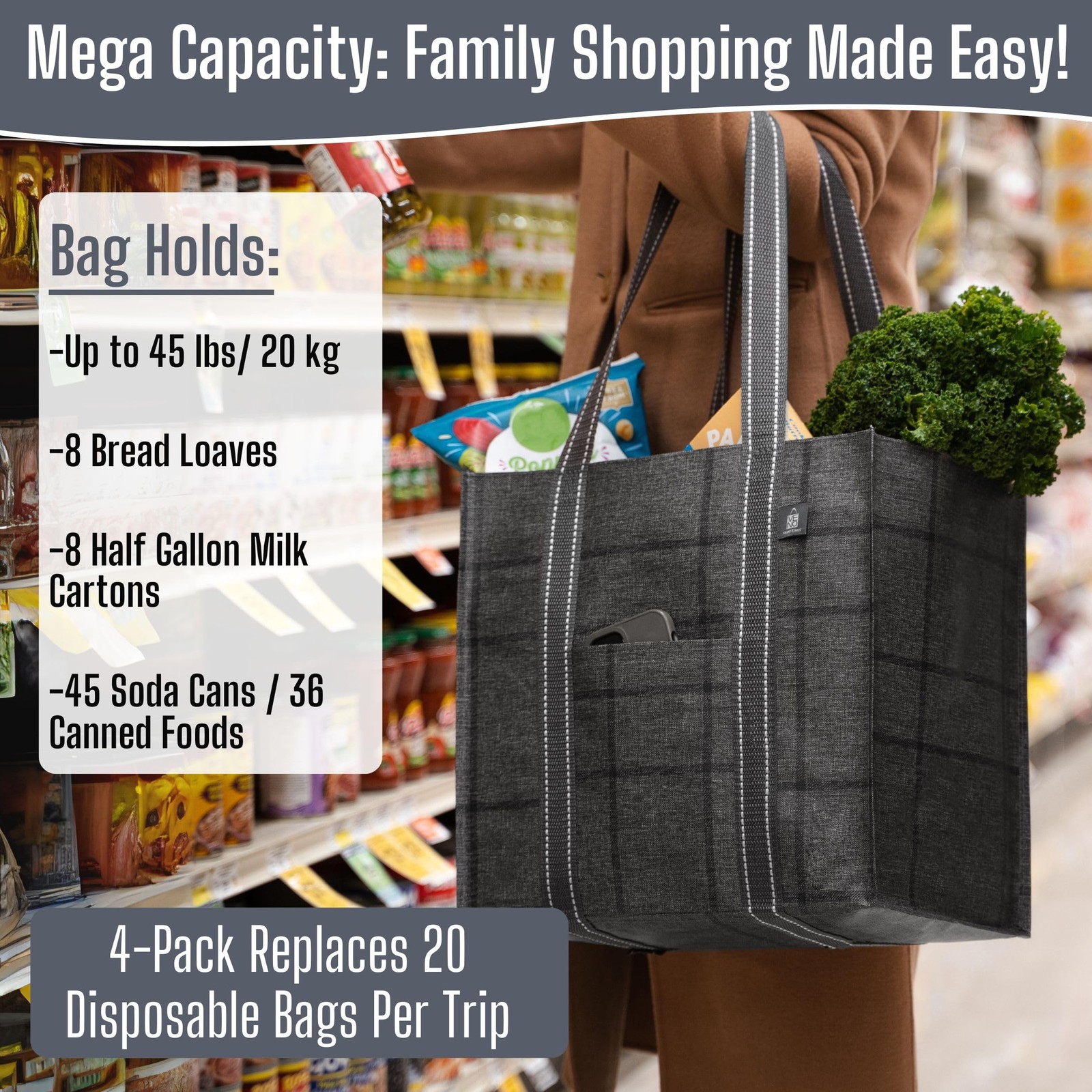 4 Pack Reusable Grocery Bags with Hard Bottom, Heavy-Duty Shopping Bags for S…
