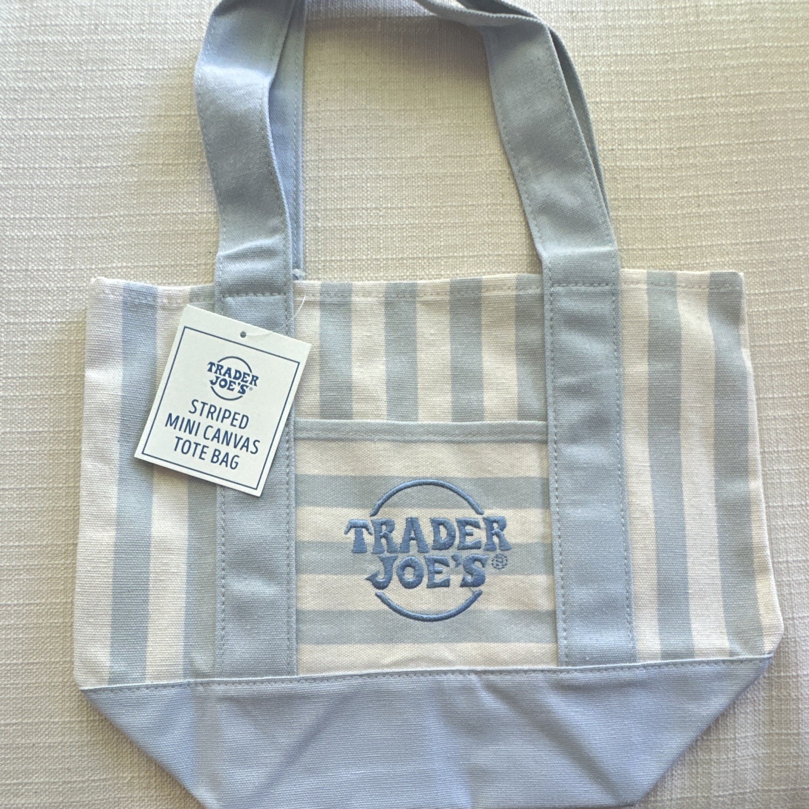 Trader Joe’s Striped Mini Canvas Tote Bag Blue/White Reusable 65% Cotton