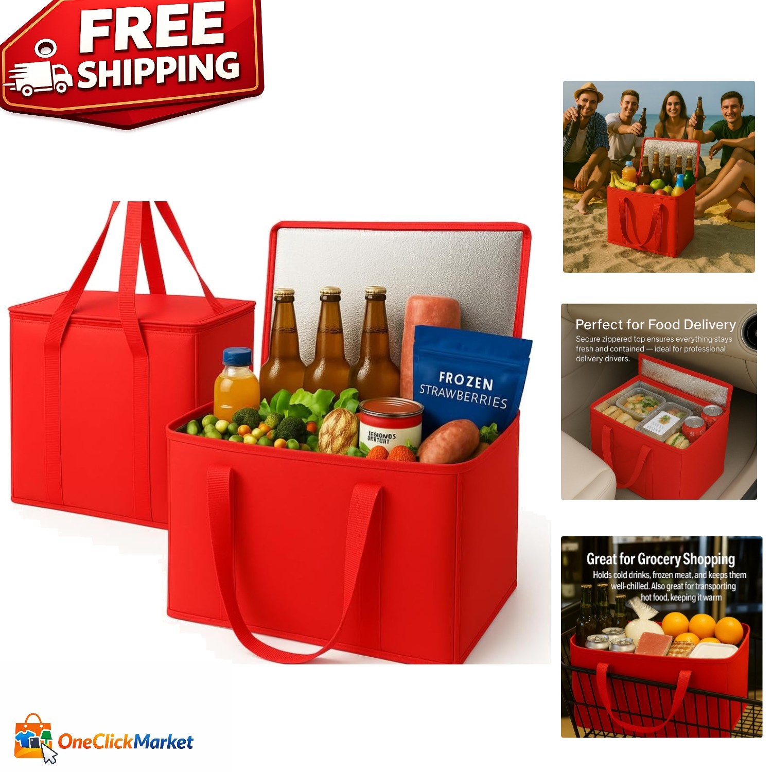 2-Pack Reusable Insulated Tote Bags, XL Size, Red – Perfect for Groceries & Food
