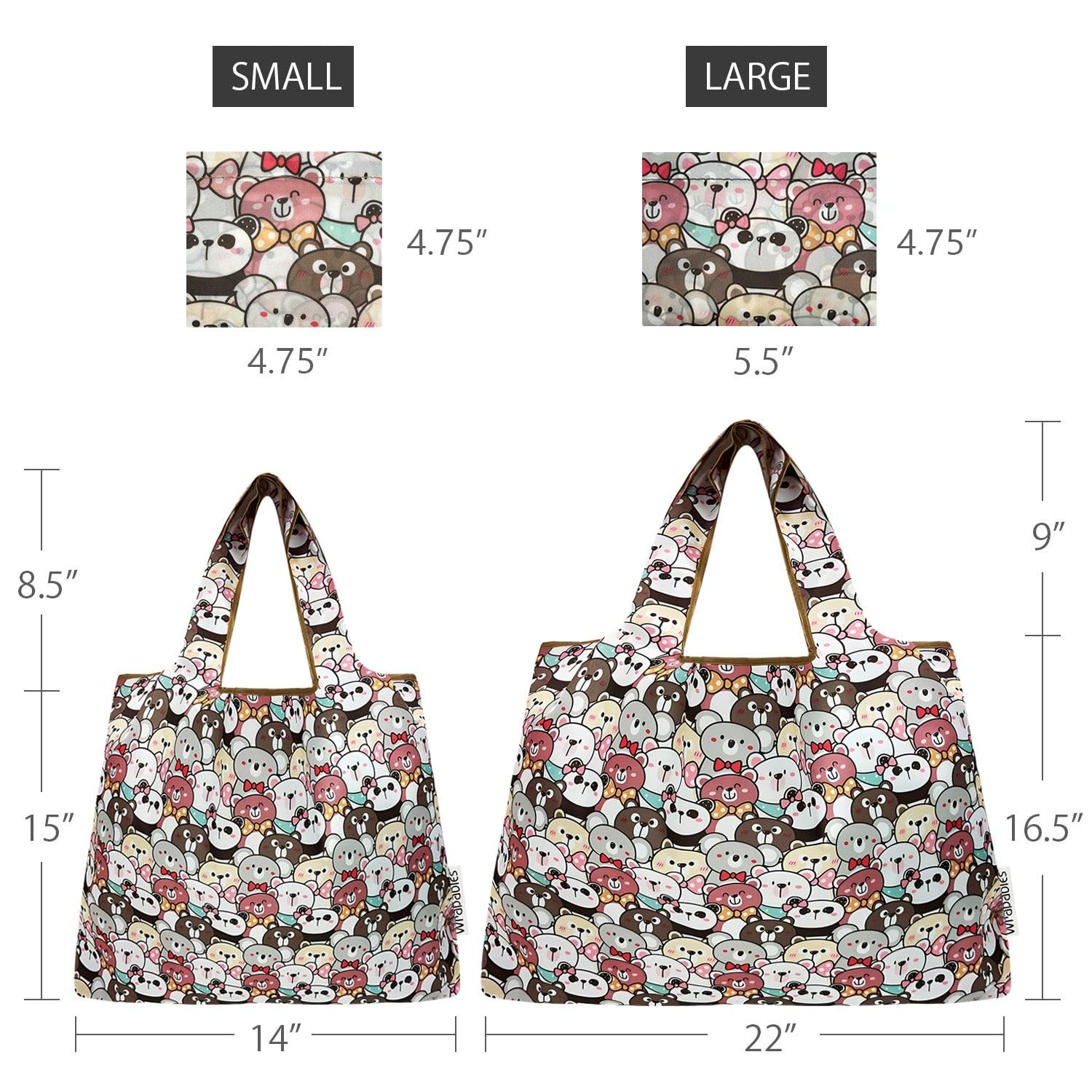Large & Small Foldable Tote Nylon Reusable Grocery Bags Set of 2 Funny Bears