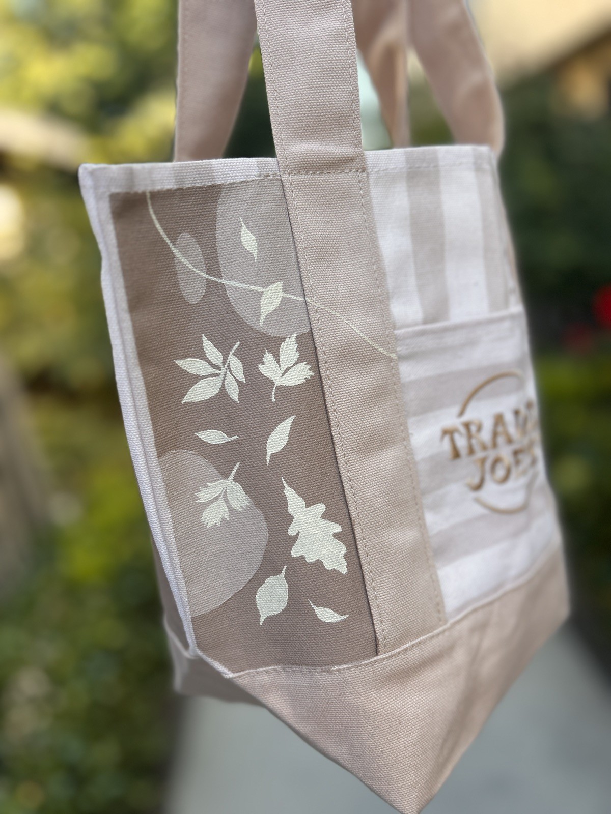 Made To Order – Hand-Painted Trader Joe’s Striped Mini Beige Tote — Fall leaves