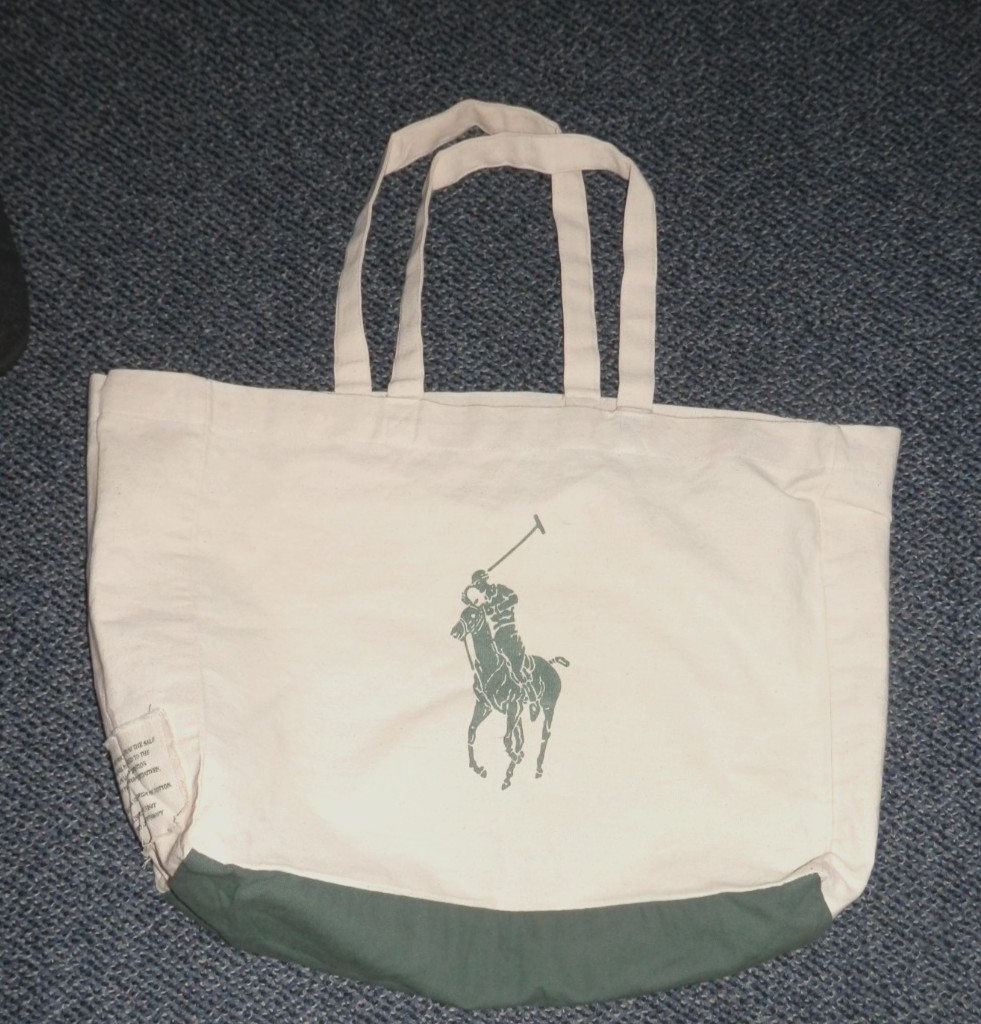 Polo Ralph Lauren Canvas Tote Bag • Pony Logo Green & Cream Organic Cotton Used