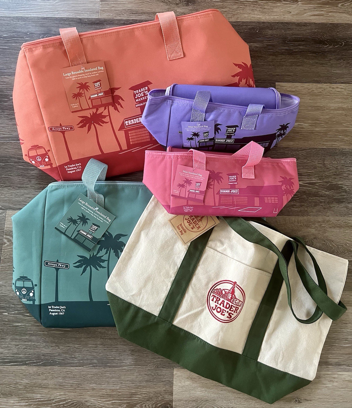 NWT Bundle Trader Joe’s Tote Bags & Insulated Bag Dusty Blue Peach Lavender Pink