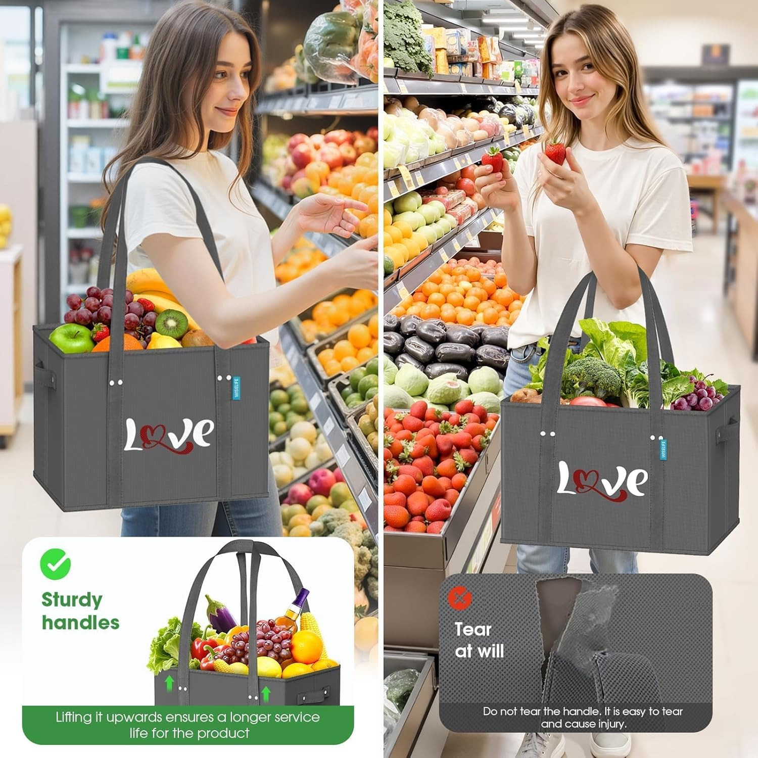 Reusable Grocery Bags Heavy Duty Foldable Shopping Tote Bags with Handles & Rein