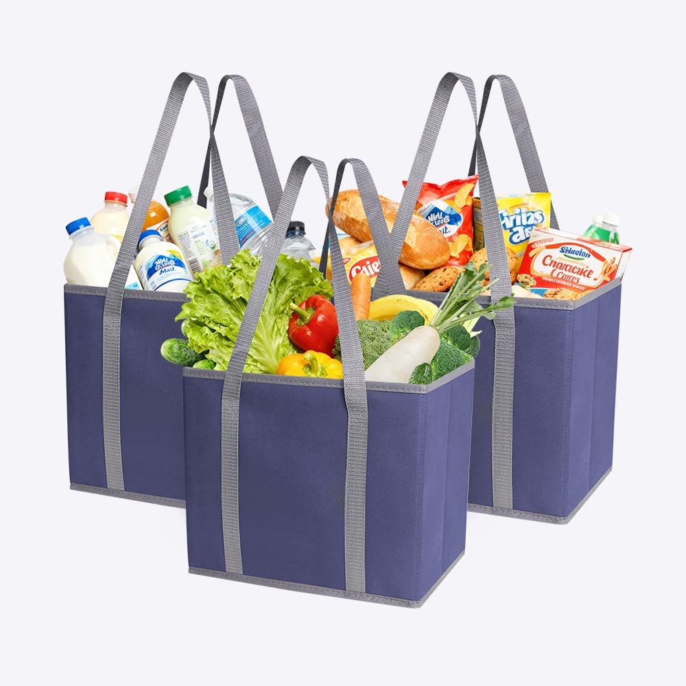 Reusable Grocery Tote Bags 3 PCS Heavy Duty Box Shape Stand Up Navy Blue Large