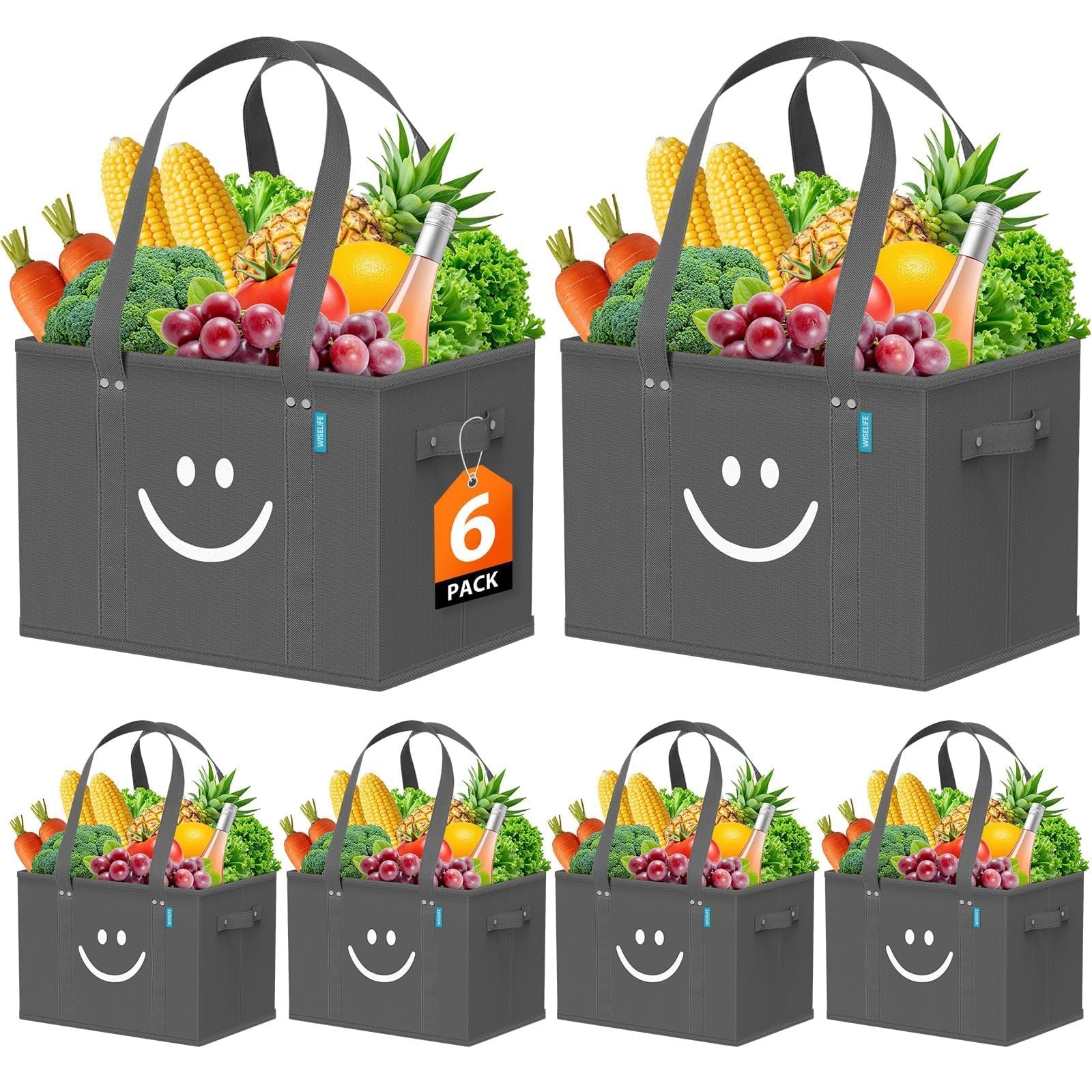 6 PCS Reusable Grocery Bags Collapsible Tote Stand Upright Sturdy Grey