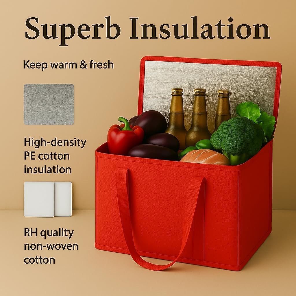 2-Pack XL-Large Insulated Grocery Shopping Bags, Red, Reusable, Heavy Duty, Zipp