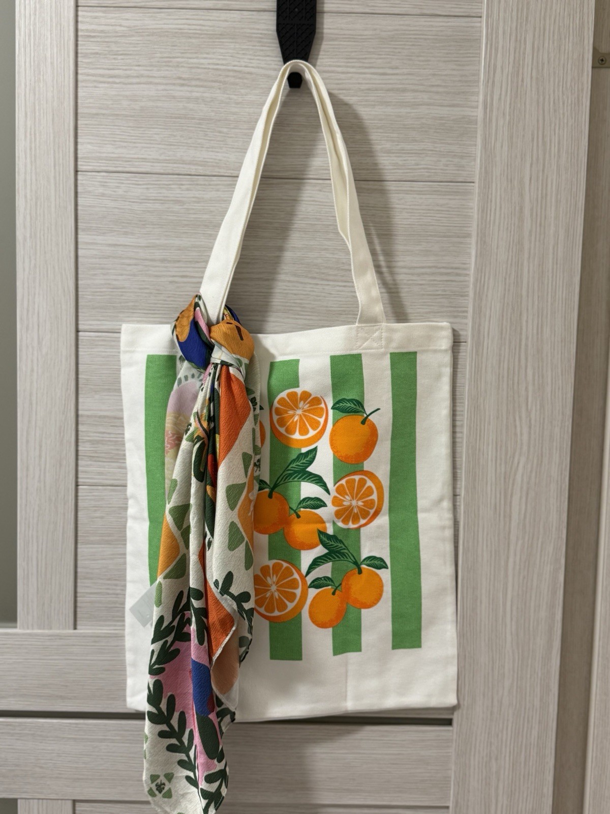 Canvas Tote Bag, Orange Fruit Print, Reusable, Scarf Accent, 20x12in, Modern
