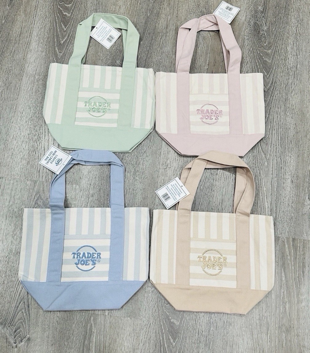 TRADER JOE’S MINI PASTEL STRIPE CANVAS TOTE BAGS SET Of 4 PINK BLUE GREEN BEIGE