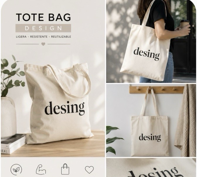 Beige Canvas Reusable Tote Bag “desing” Text Pattern Medium 15in x 14in