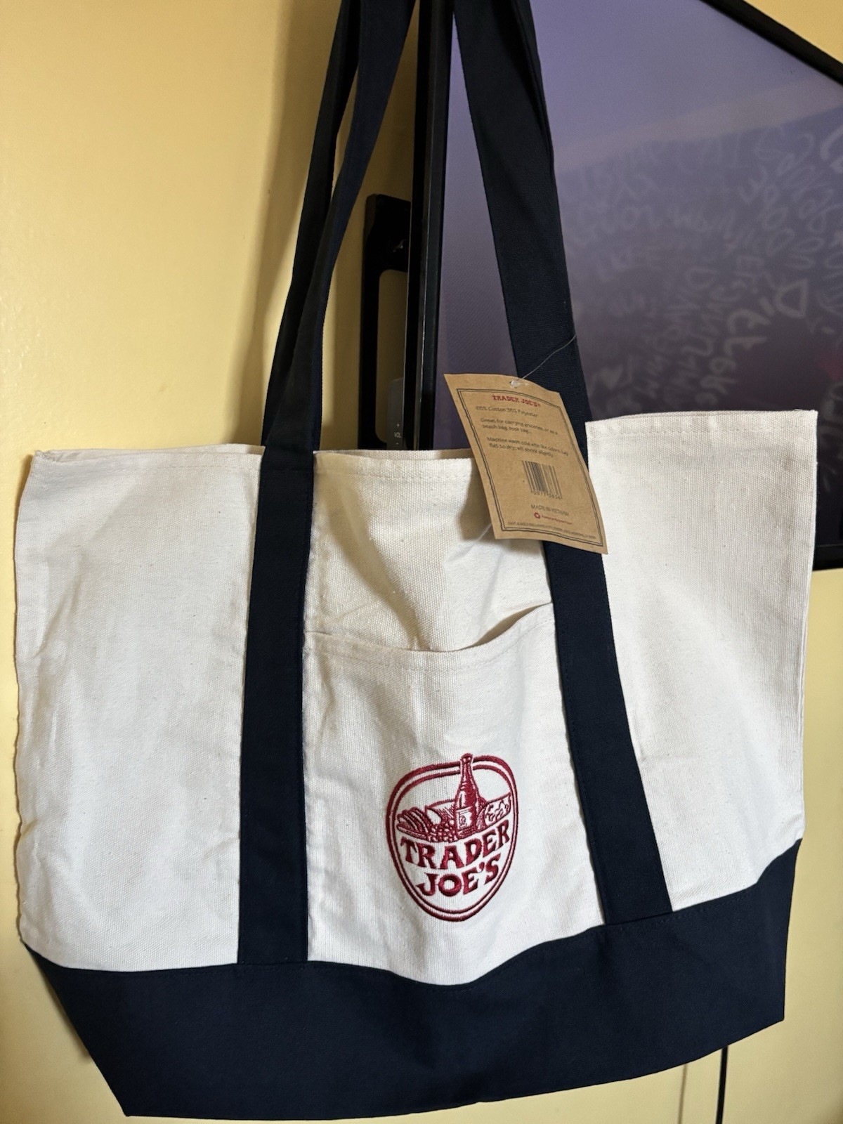 Trader Joe’s Foldable Reusable Shopping Bag Beige Navy Blue Cotton Polyester