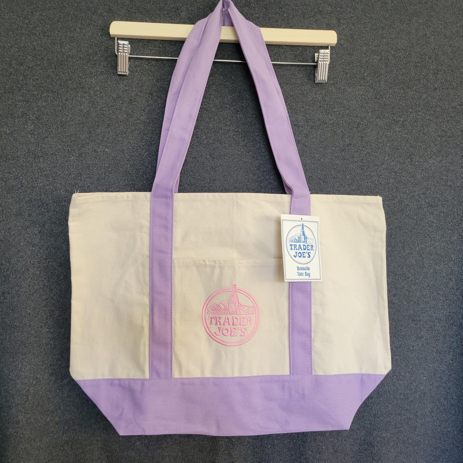 NWT Trader Joe’s Large Canvas Bag Shopping Grocery Lavender Cream
