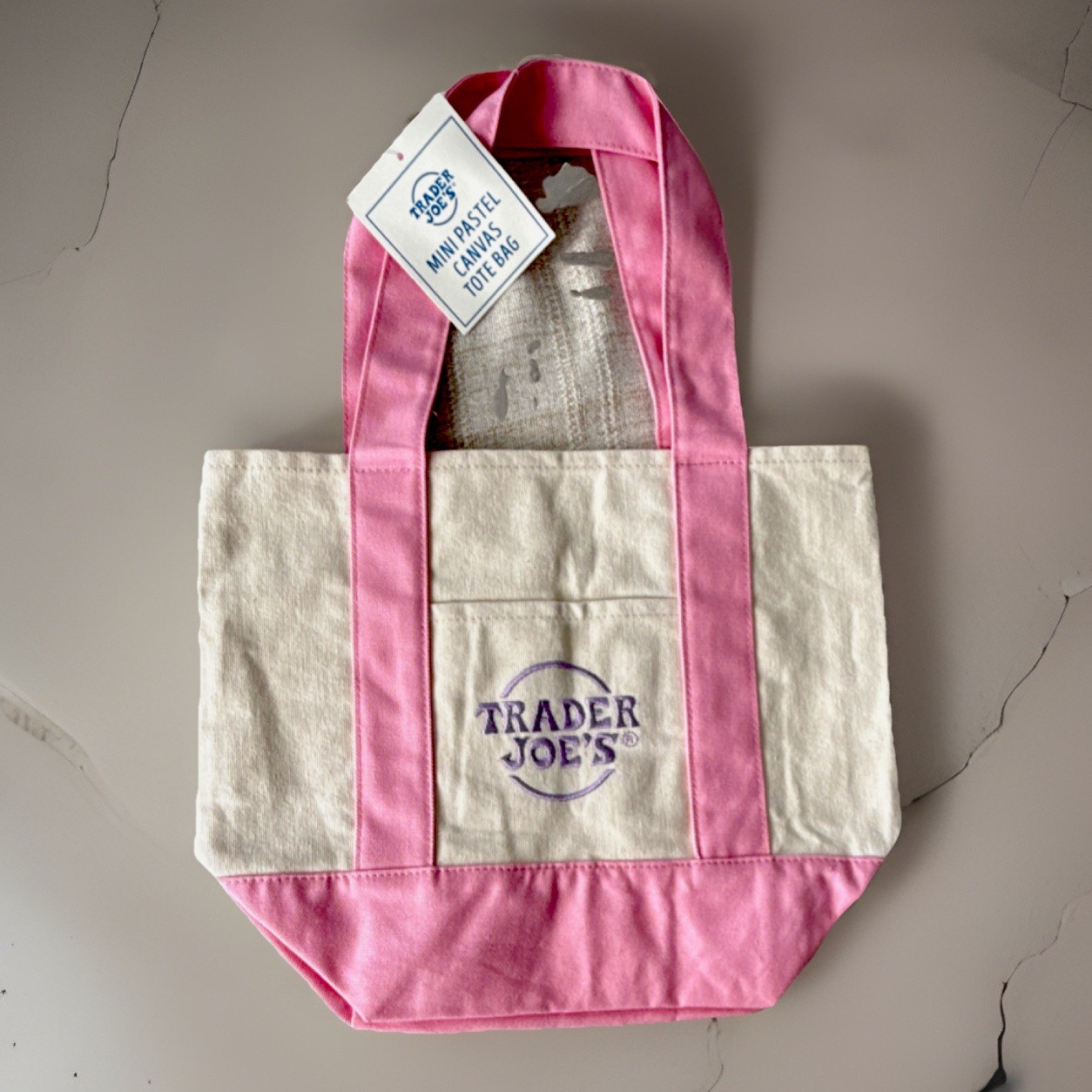 Trader Joe’s Mini Foldable Canvas Tote Bag Pink Beige Small Solid