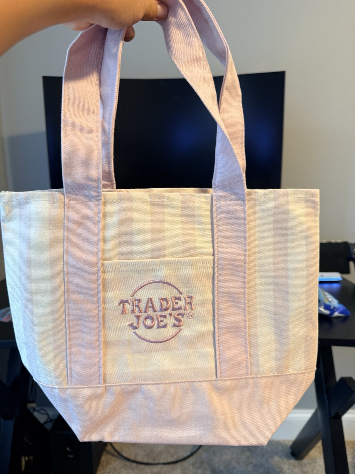 Trader Joe’s Mini Striped Canvas Tote Bag Pink/White 13x11x6 in New