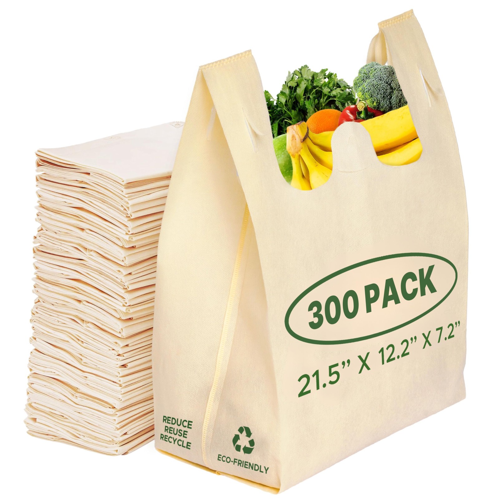 300 Pack Cream Reusable Eco-Friendly Grocery T-Shirt Shopping Bags 21.5”x12.2…