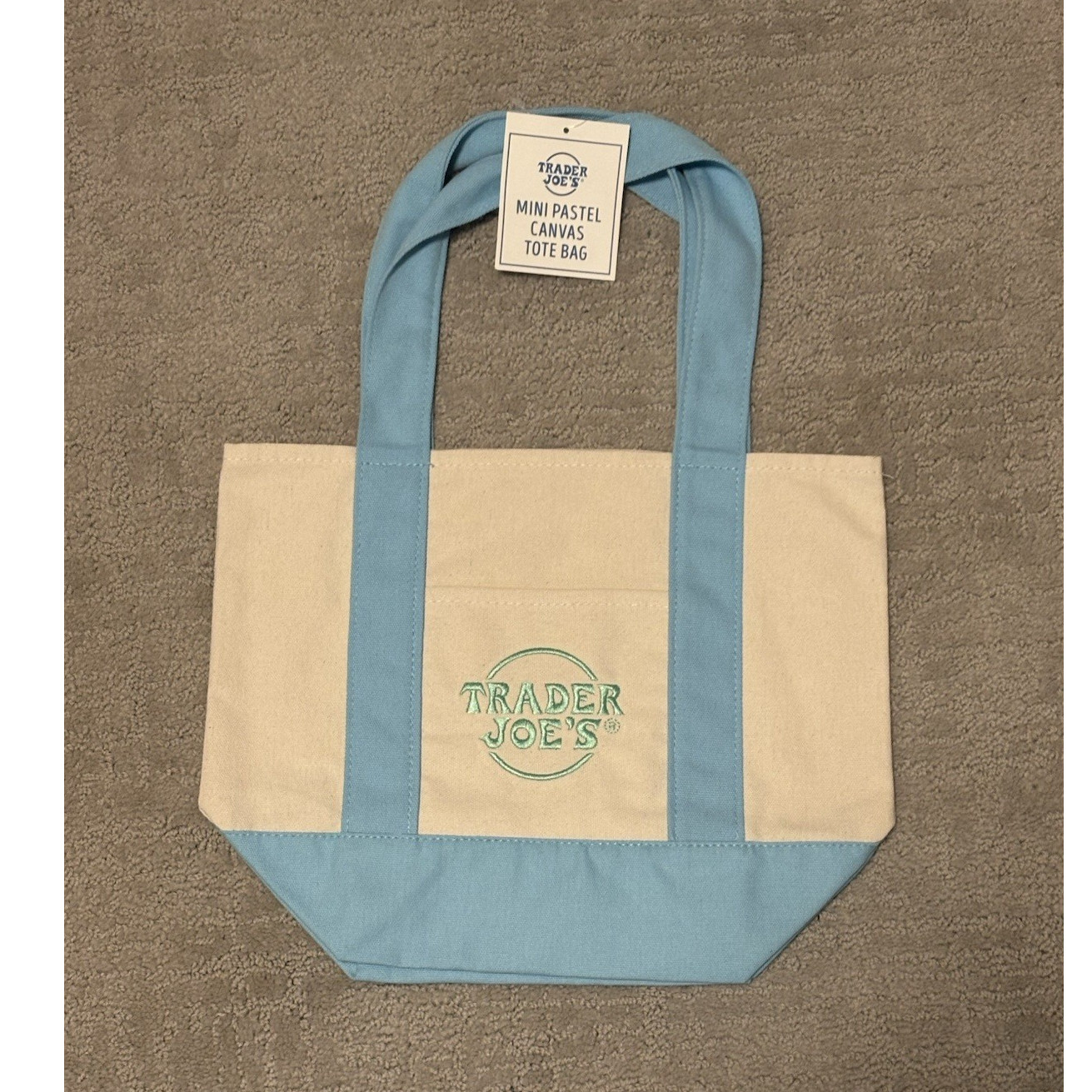 NWT Trader Joe’s Mini Pastel Canvas Tote Bag Blue/Beige Colorblock Reusable