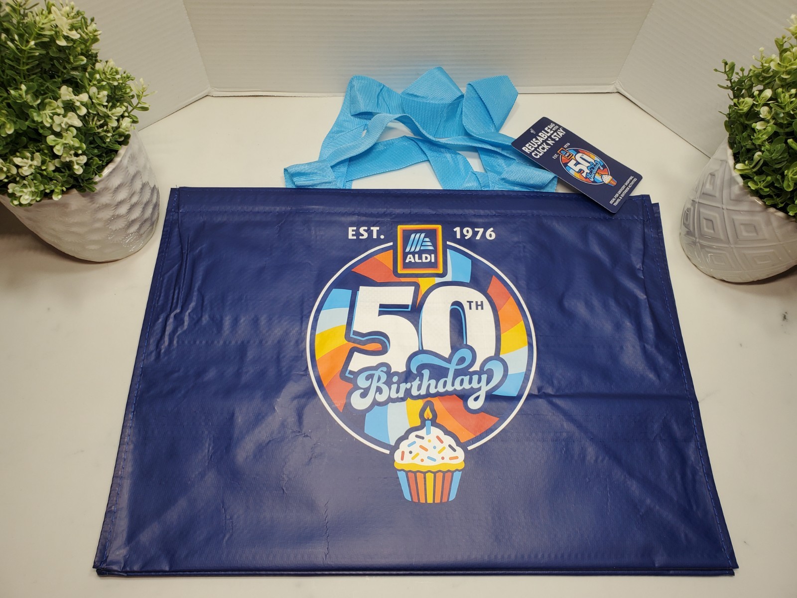 ALDI XL Reusable CLICK AND STAY 50th Birthday Est. 1976 Shopping Bag Tote🔵 NEW