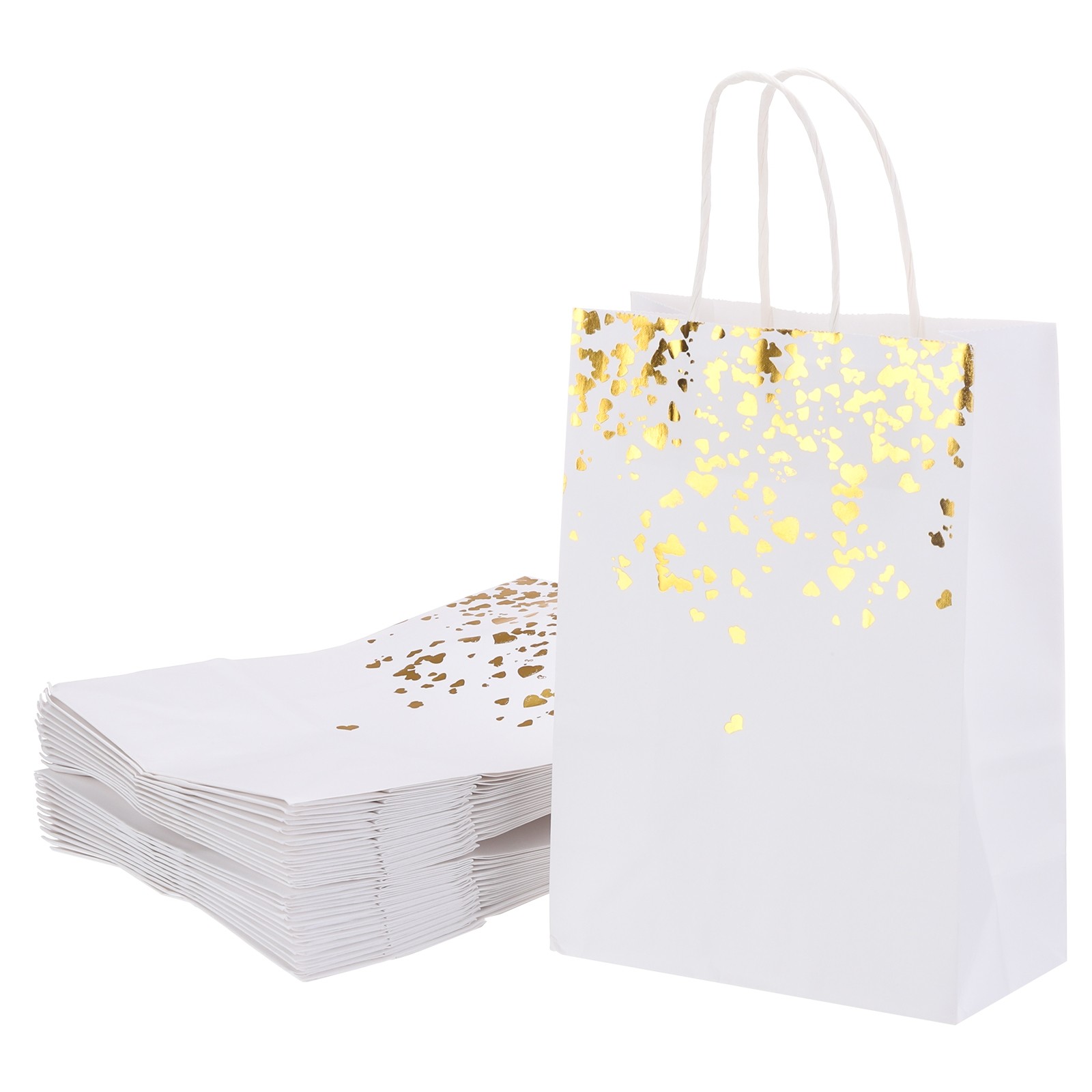 24Pcs Kraft Gift Bags with Handles Bulk, White Multicolor Heart Party Favor Bags