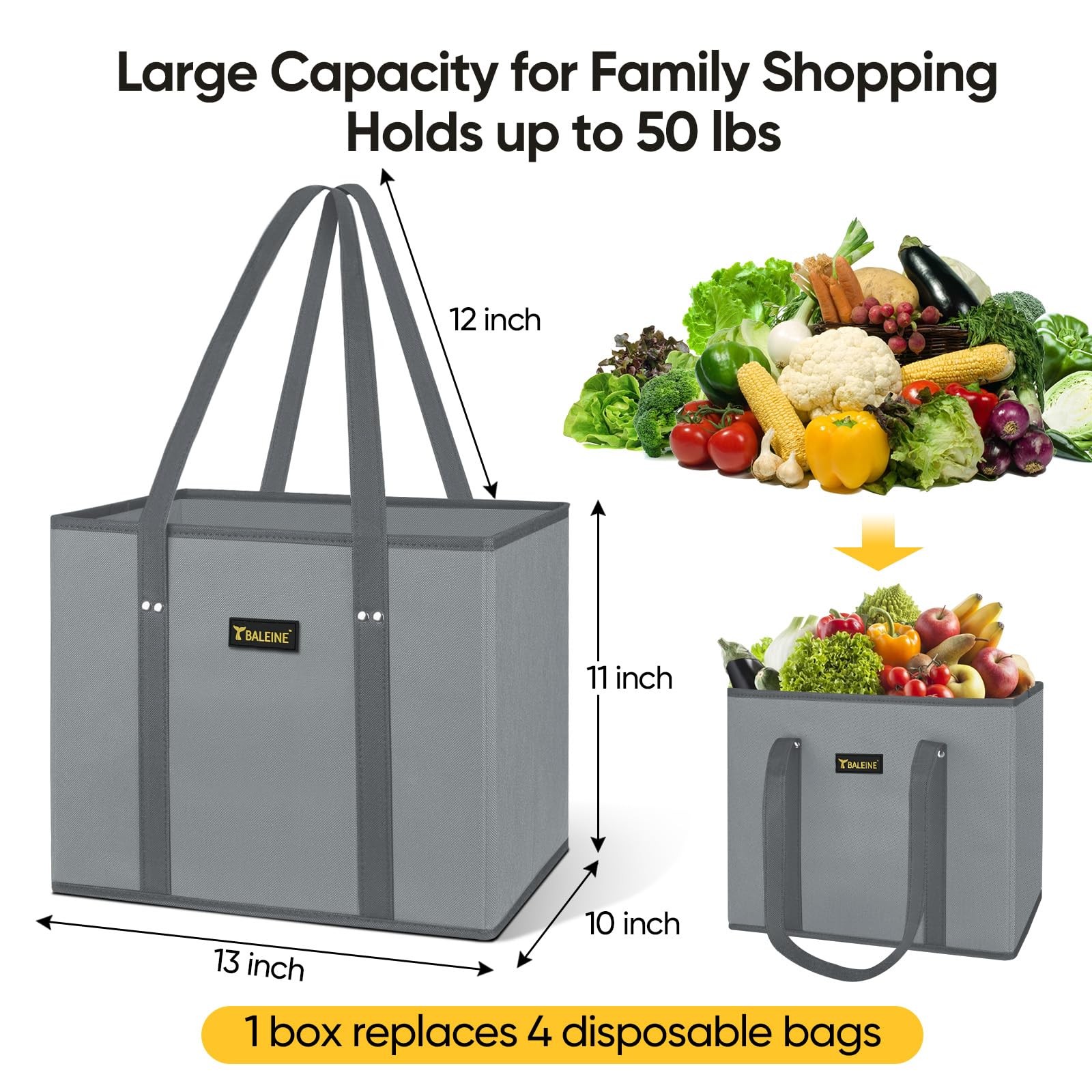 BALEINE 3Pk Reusable Grocery Bags, Foldable Shopping Bags for Groceries with …