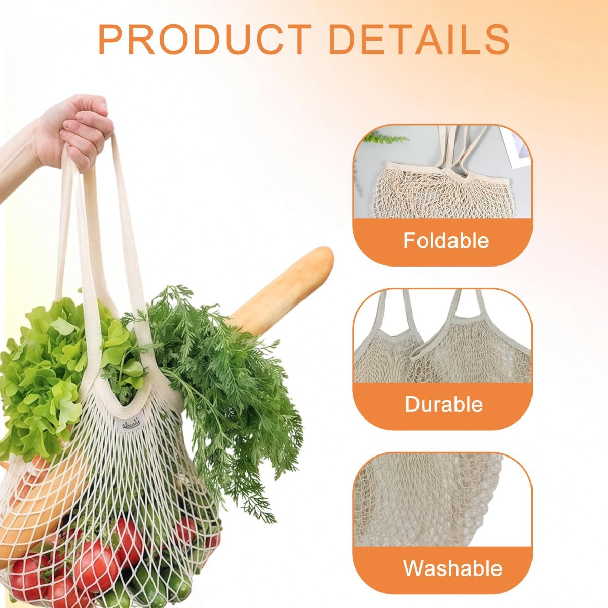 2 PCS Reusable Cotton Mesh Grocery Bags Long Handle Net Shopping Tote White