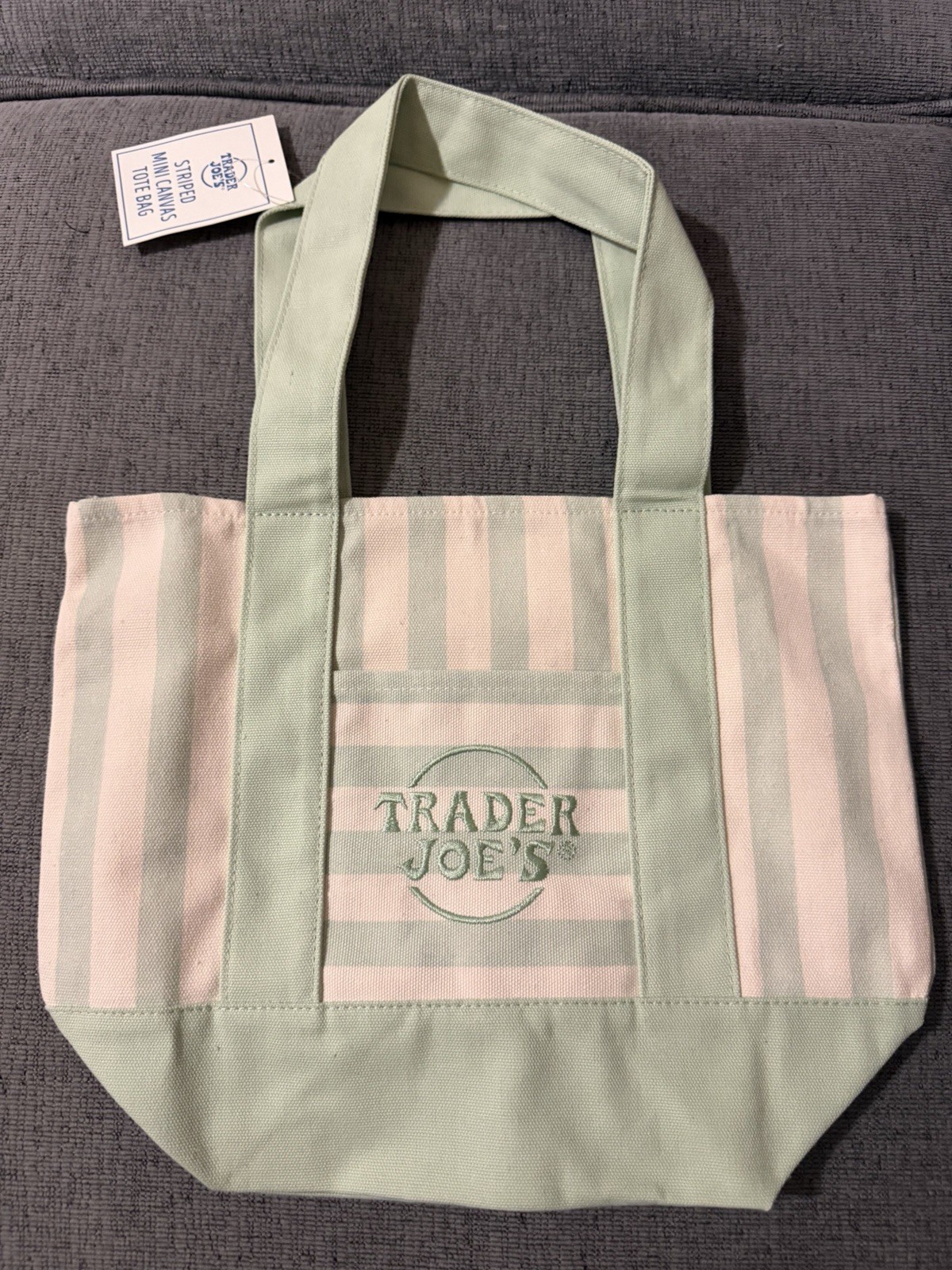 1x New Trader Joe’s Mini Canvas Pastel Striped Tote Bag 2026 Seafoam Green