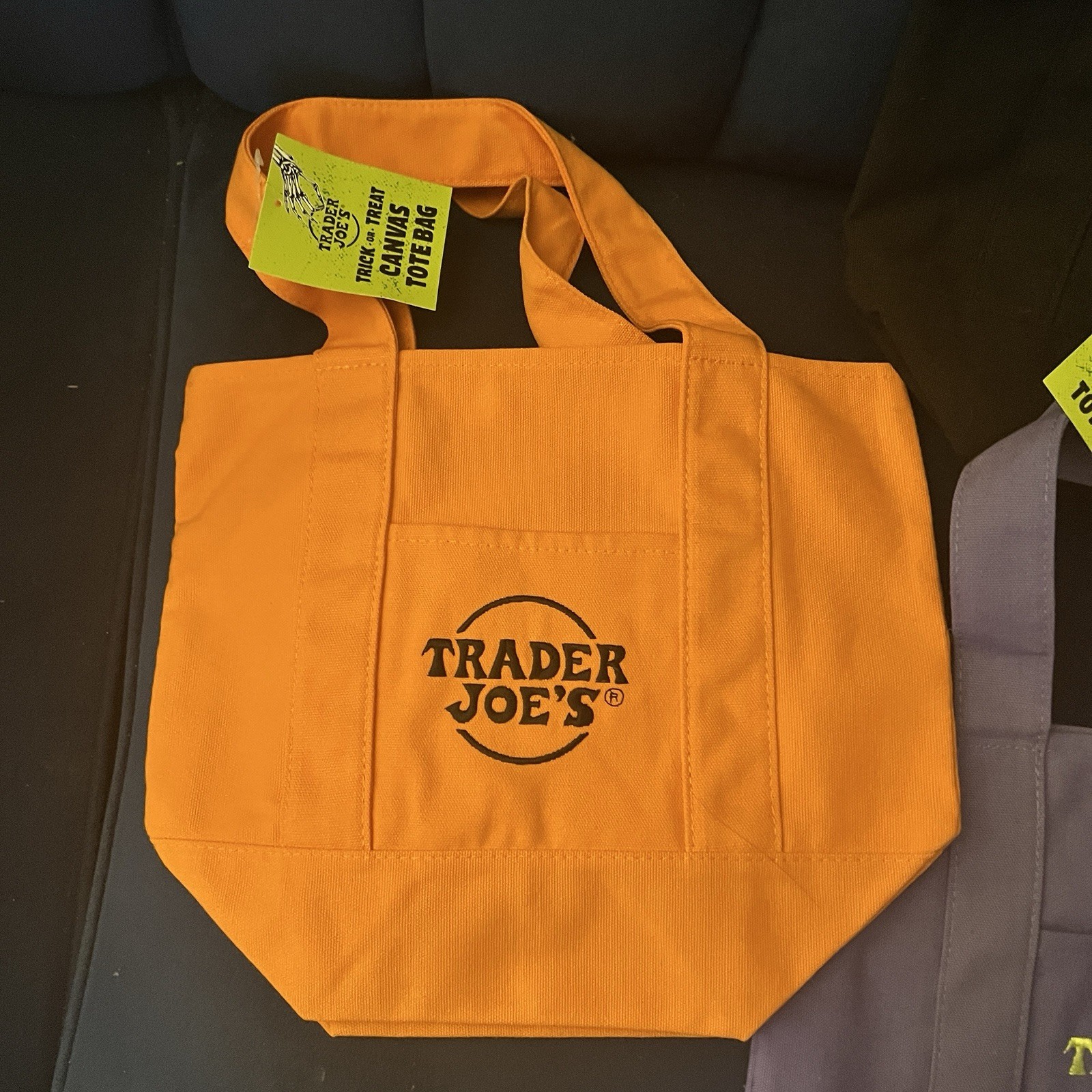 4 Trader Joe’s TJ’s Canvas Halloween Tote Bags, Orange/Black/Purple/Multicolor