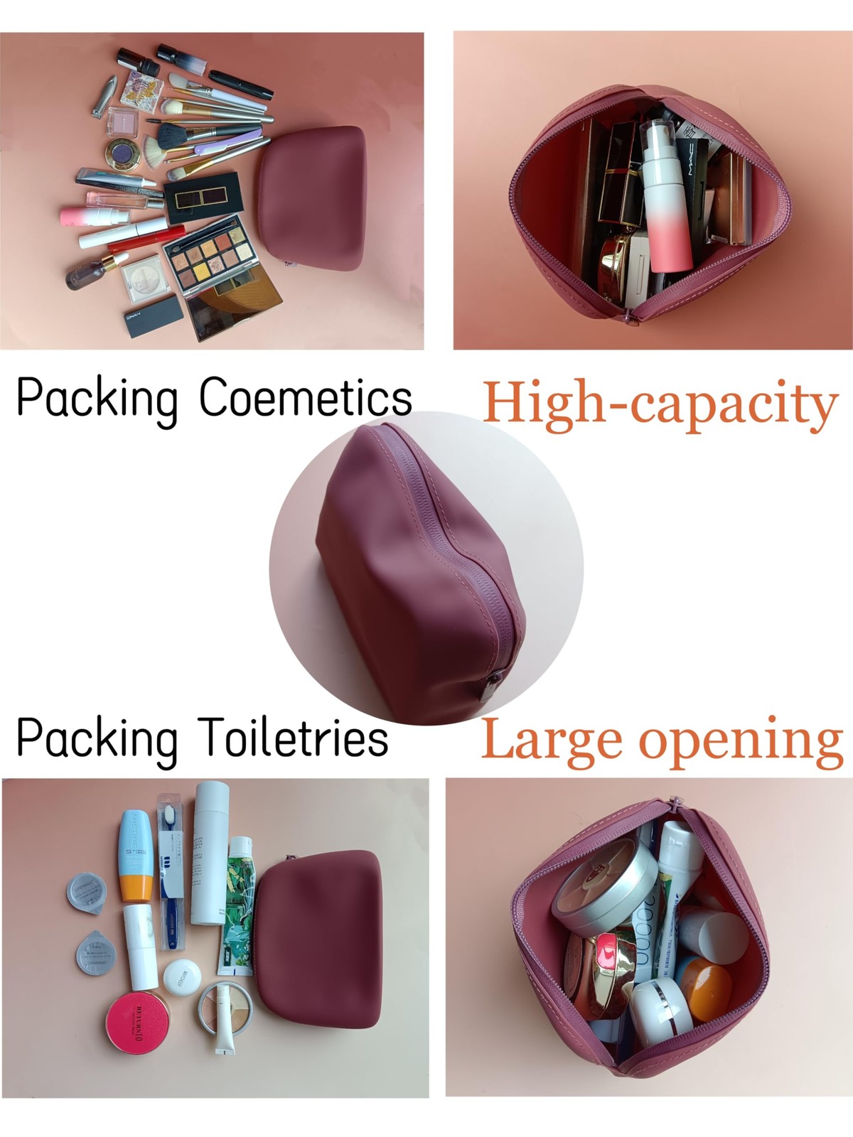 Gudahower Foldable Silicone Makeup Bag Large Capacity 20cm*14cm*8cm, wine red