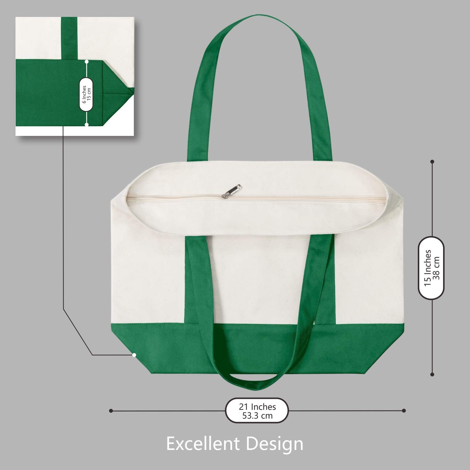 TOPDesign 1-Pack Canvas Tote 21 inches x 15 x 6 inches, Green/Natural