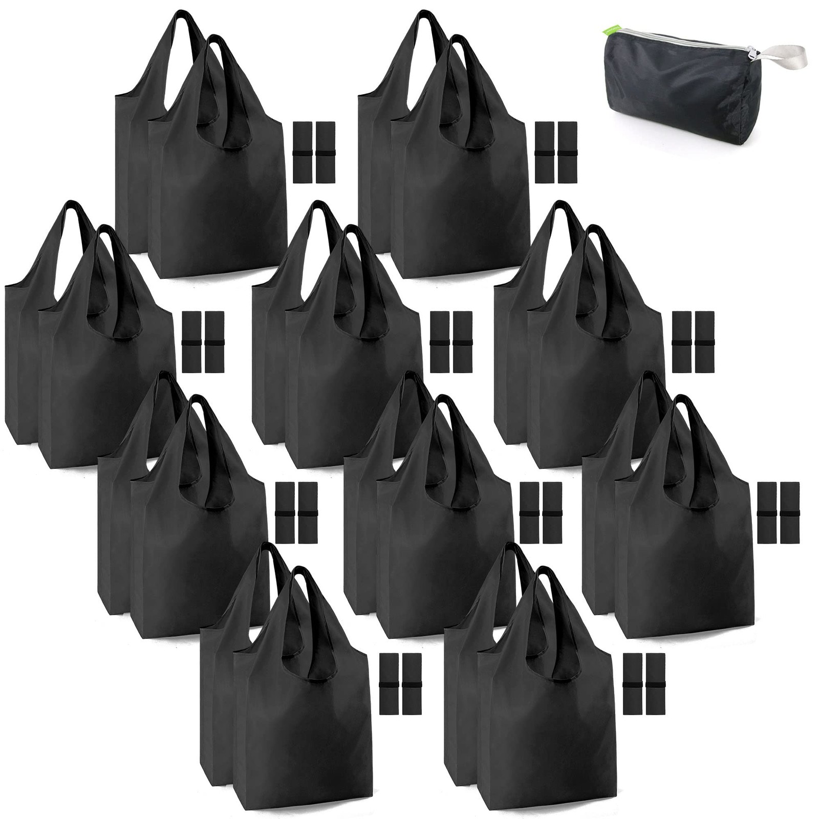 BeeGreen 20 Pack Black Reusable Grocery Bags with X-Large, Solid