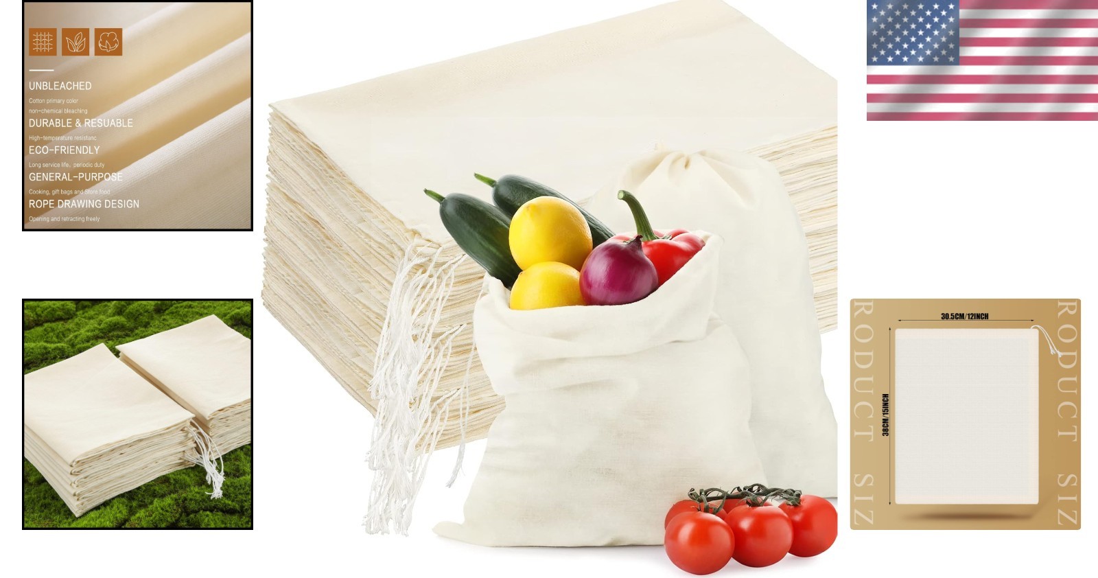50 Pcs 12×15 Cotton Bags Drawstring Reusable Storage Pouches