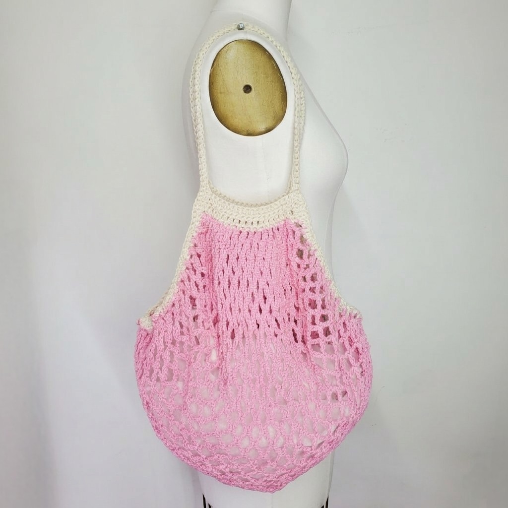 Handmade Pink Farmers Market Bag Crochet French Net 100% Cotton Grocery Beach
