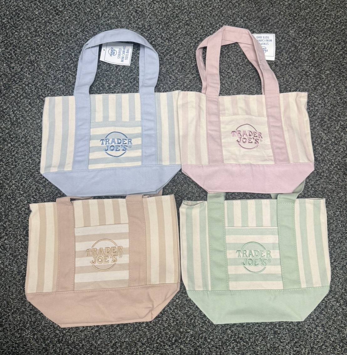 NWT Trader Joe’s Mini Striped Pastel Tote Bags Lot Of 4 Pink Beige Blue Green
