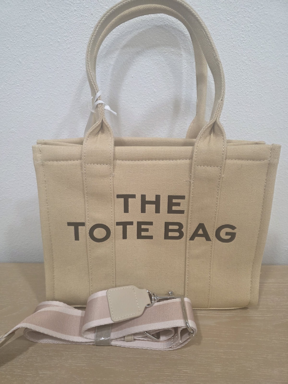Beige Solid Canvas Tote w/ Detachable Shoulder Strap