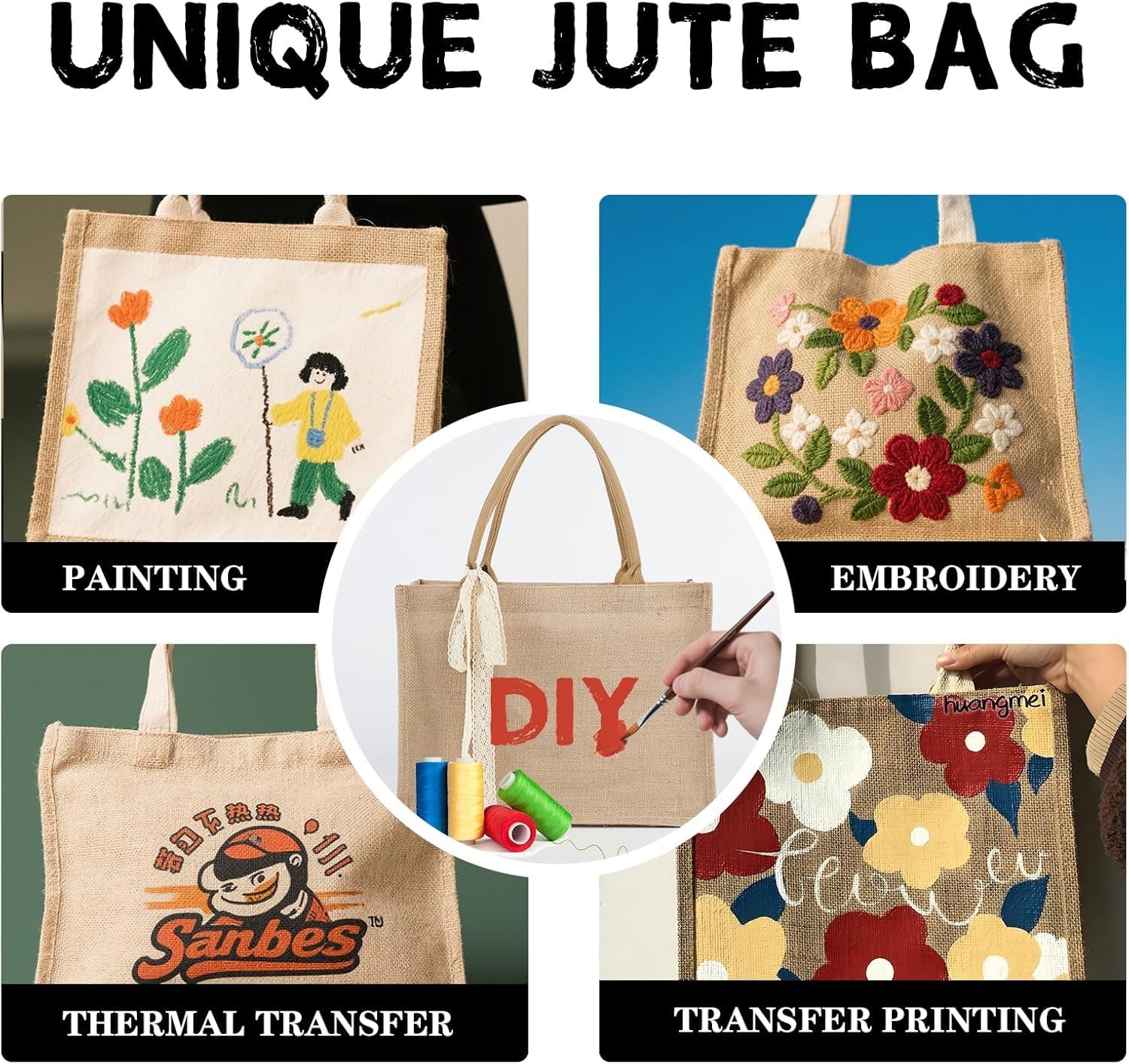 6pcs Burlap Tote Bag Set with Handles, Waterproof Reusable Blank Grocery Bags…