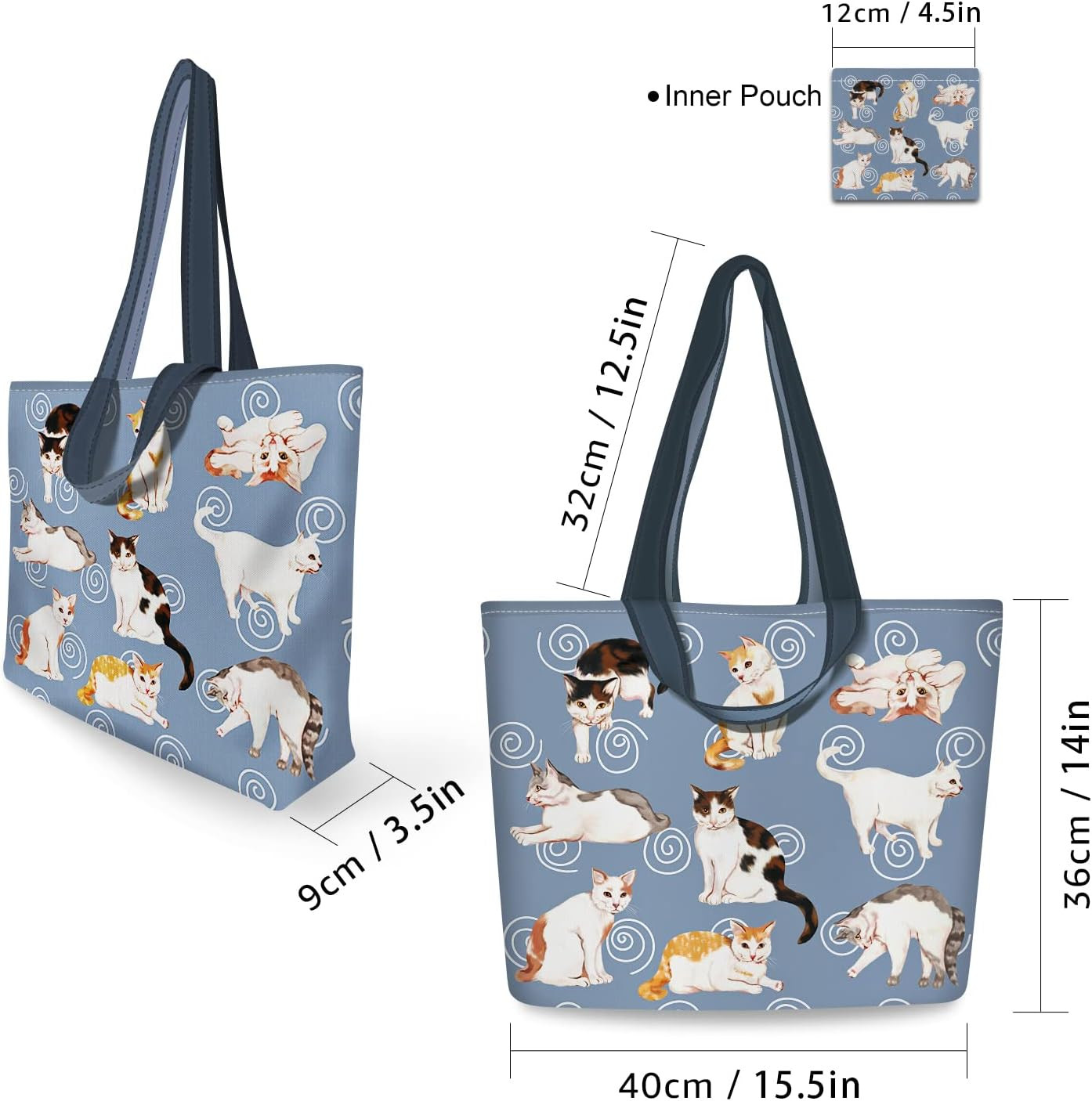 2 Pack Reusable Grocery Bags Polyester Cute Cat Shopping Bag with Handles Foldab
