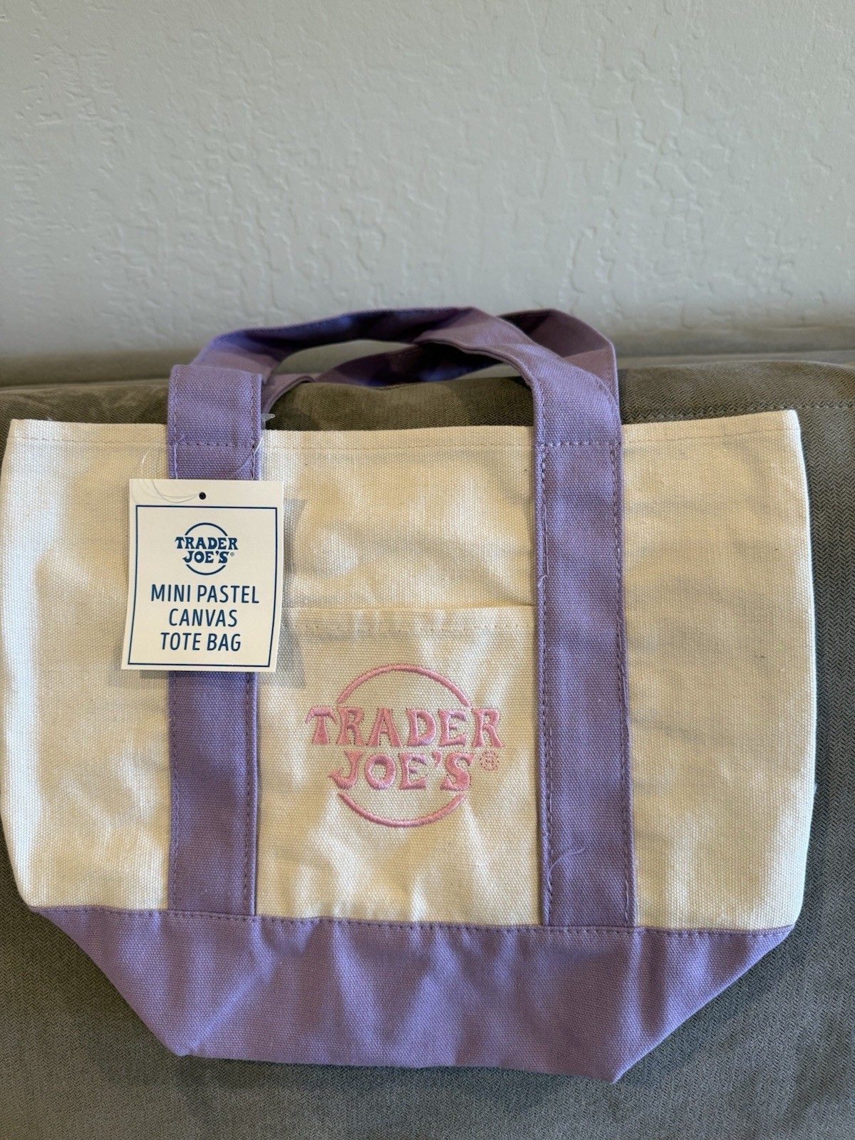 Trader Joe’s Foldable Mini Canvas Tote Bag Purple Beige, Limited